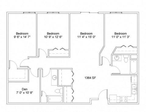 Floor plan for 3 beds, 2 baths, 1364 sqft